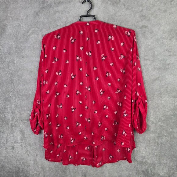 Womens Catherines Red Floral & Stripe Blouse Button Up 3/4 Roll-Tab Sleeves 6X - Picture 4 of 8